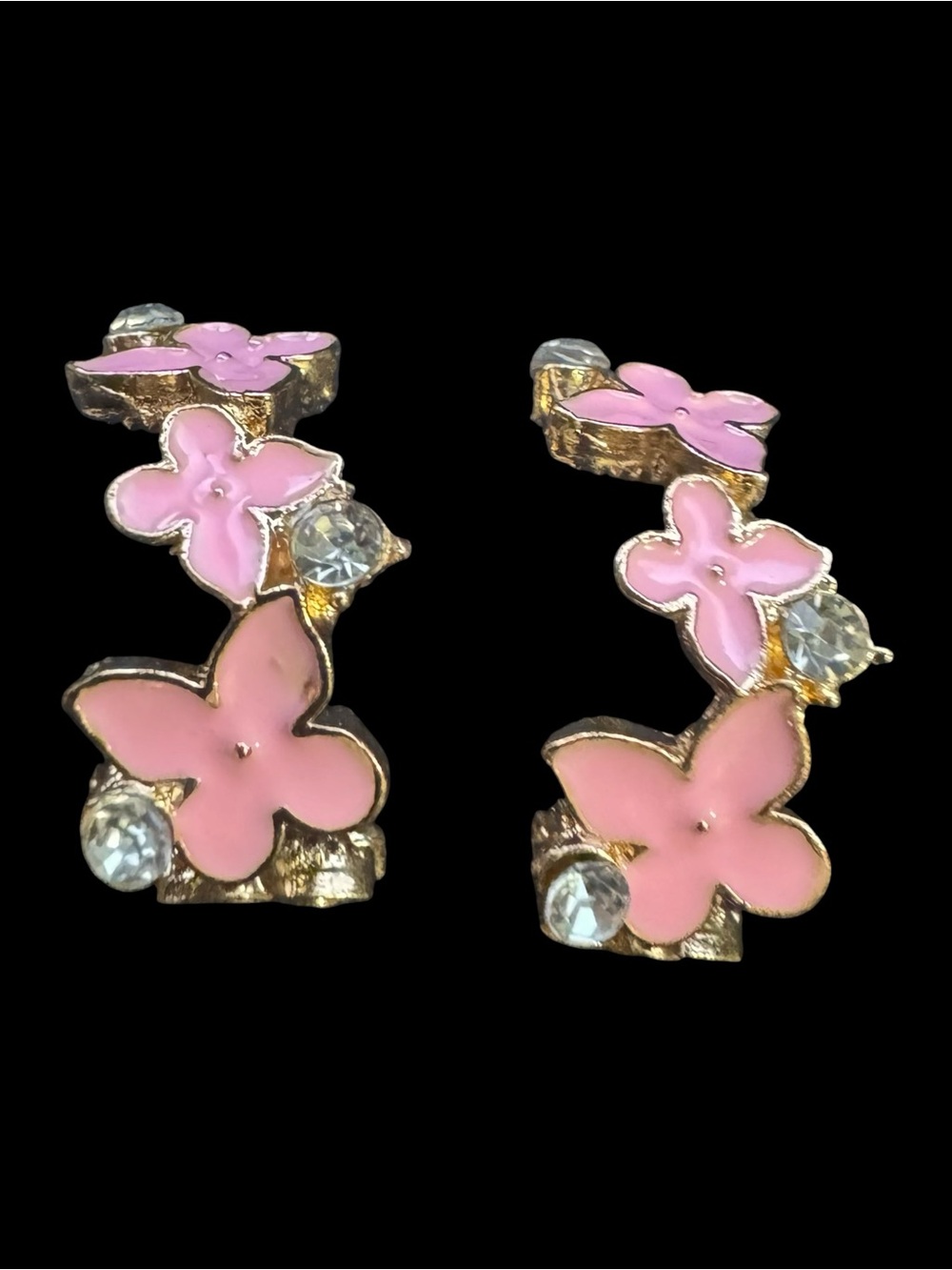 Pink Floral Crystal Hoop Earrings - Gold Tone
